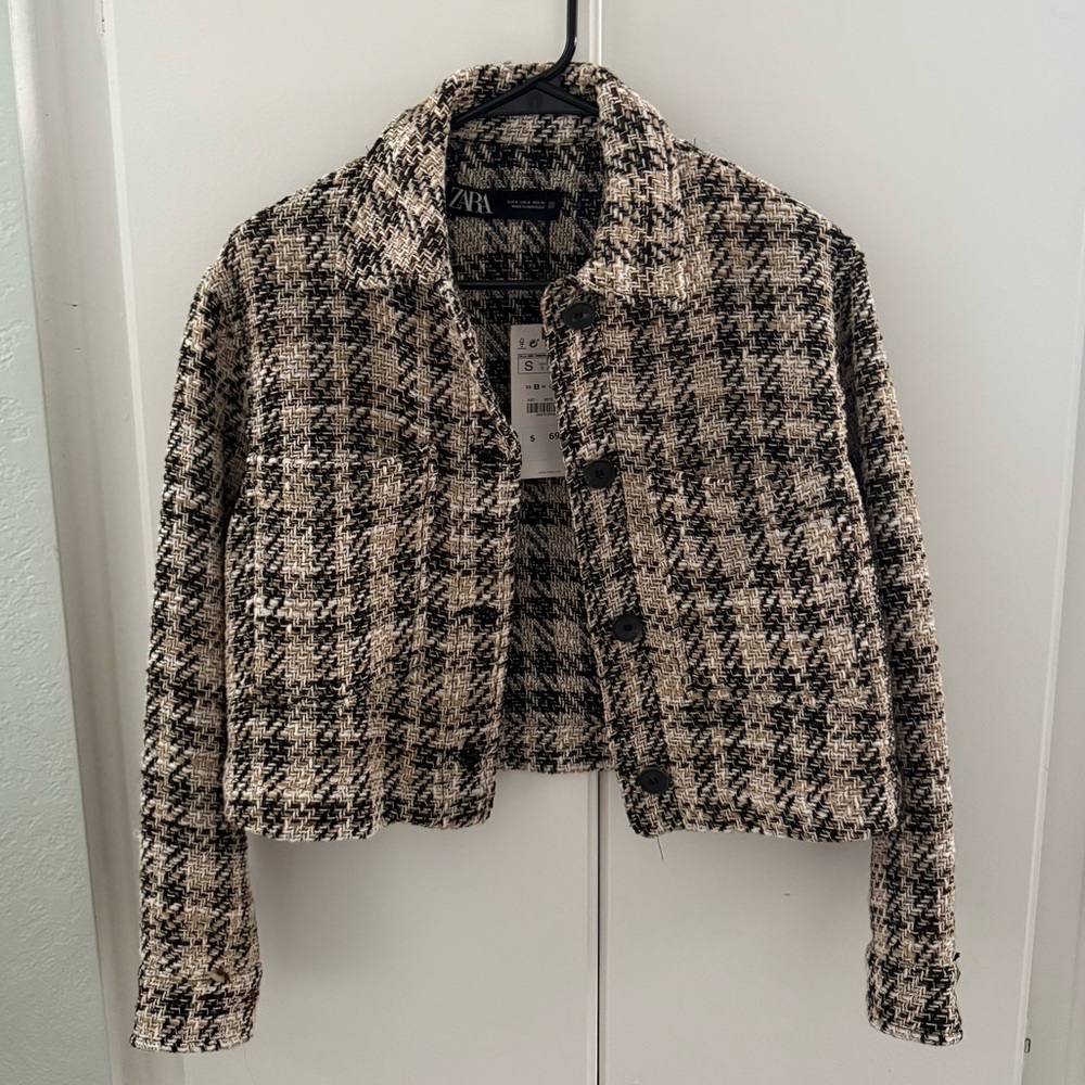 Zara Cropped Textured Tweed Jacket